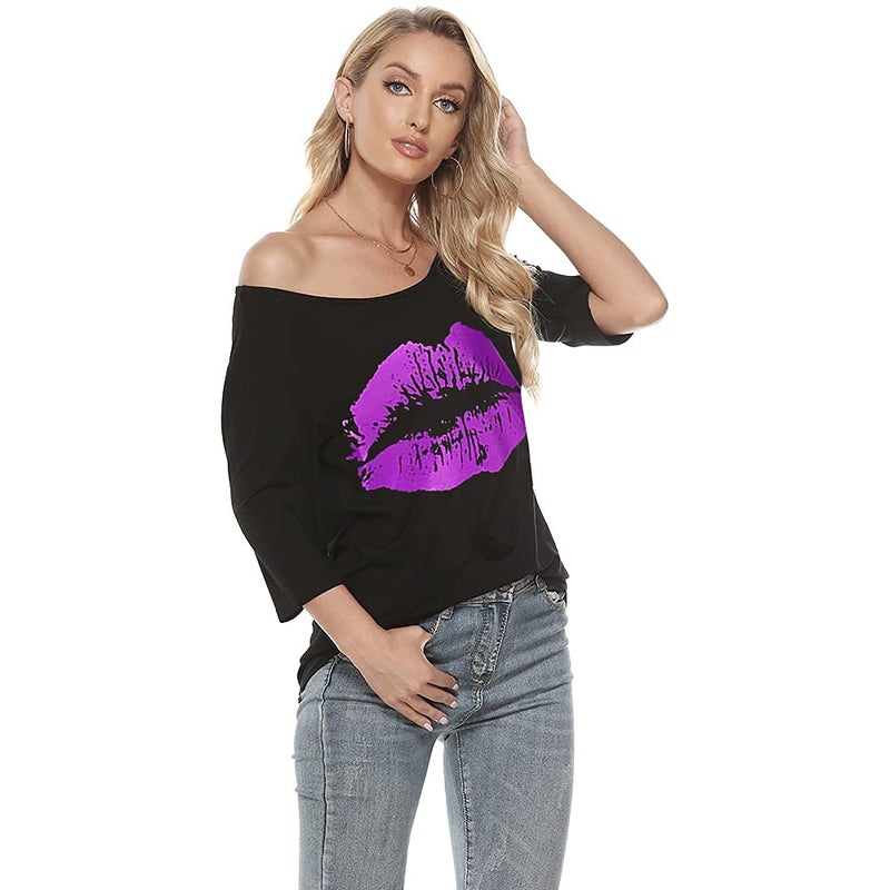 MAGICMK Women Casual Plus Size Lips Print Off Shoulder T-Shirt (L, Black+Purple) - Image 2